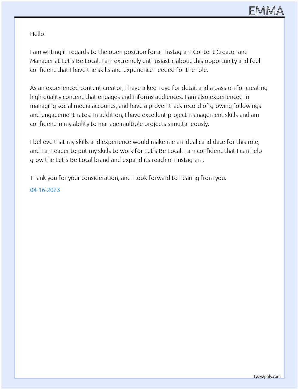 instagram content creation and management  At letsbelocal Cover Letter