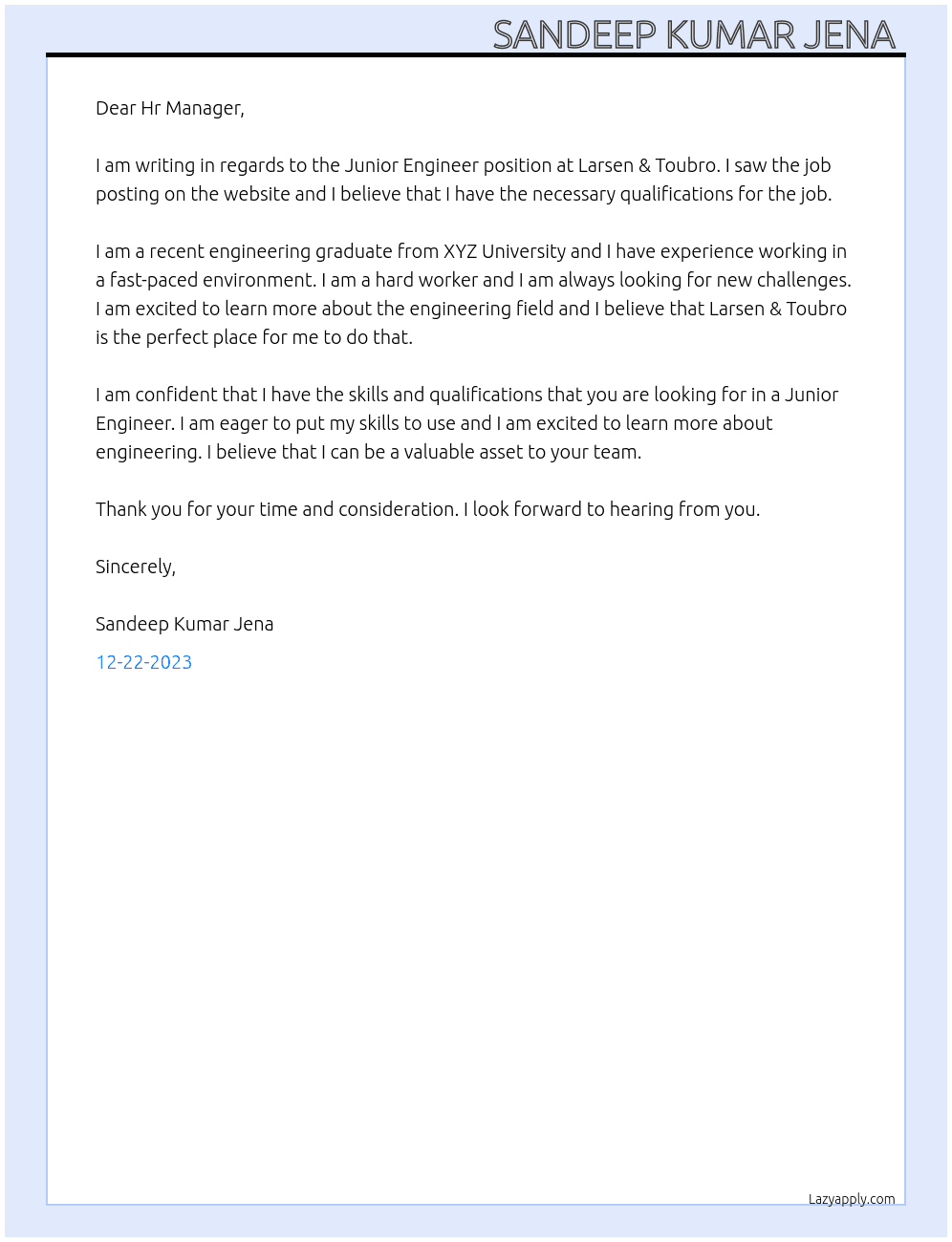 Junior Engineer At Larsen & Toubro Cover Letter
