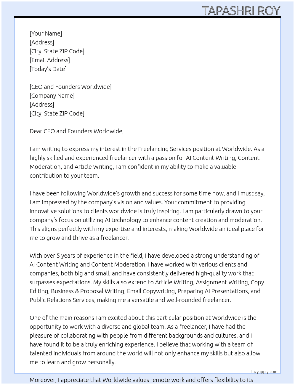 Cover Letter for Freelancing Services At Worldwide Cover Letter