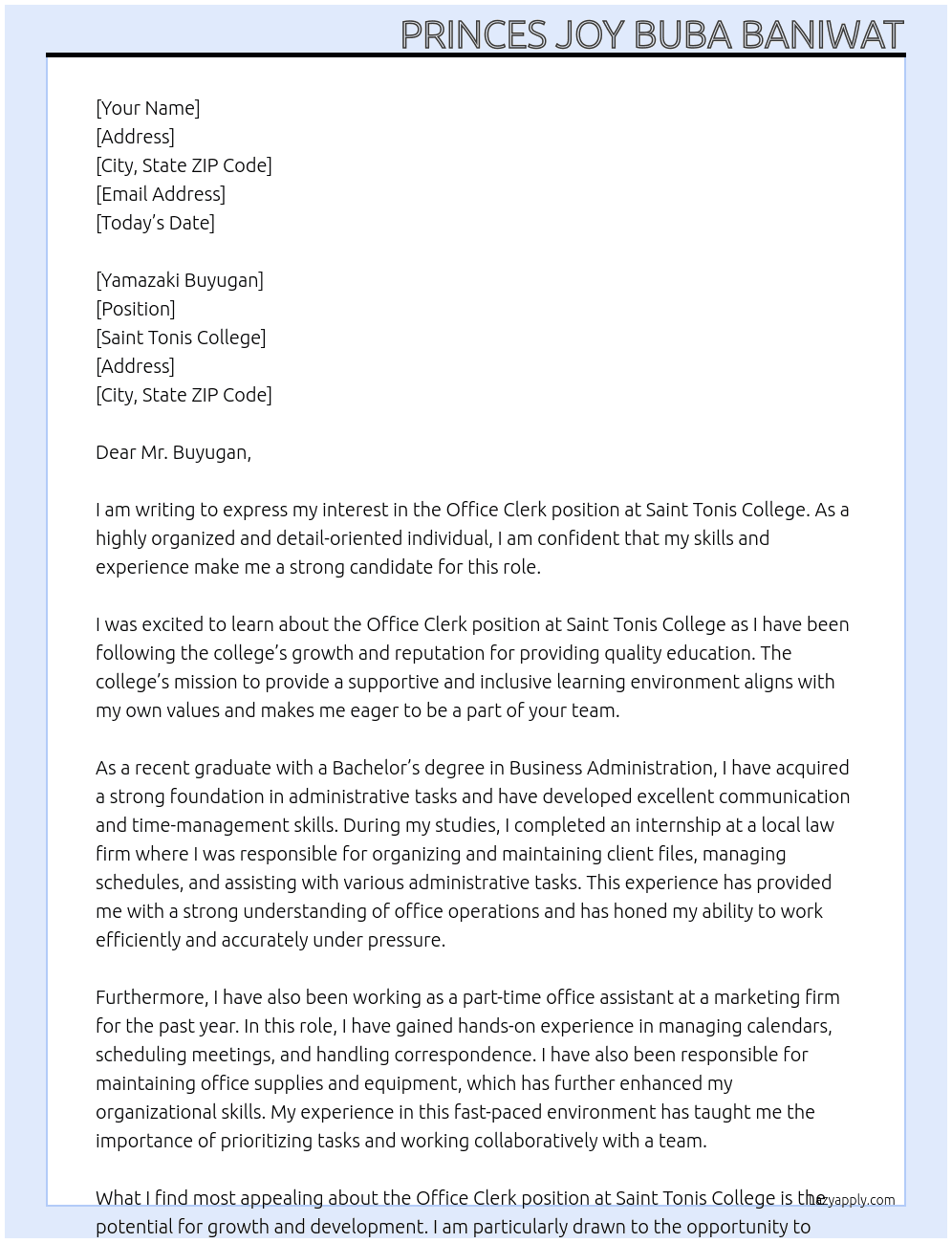 Office clerk At Saint tonis college Cover Letter