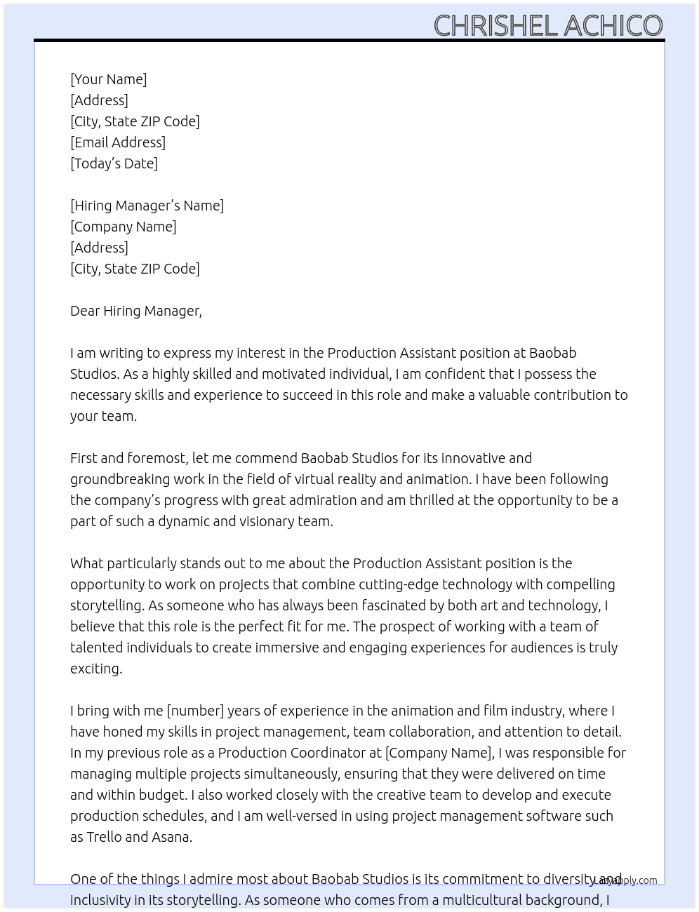 Production Assistant At Baobab Studios Cover Letter
