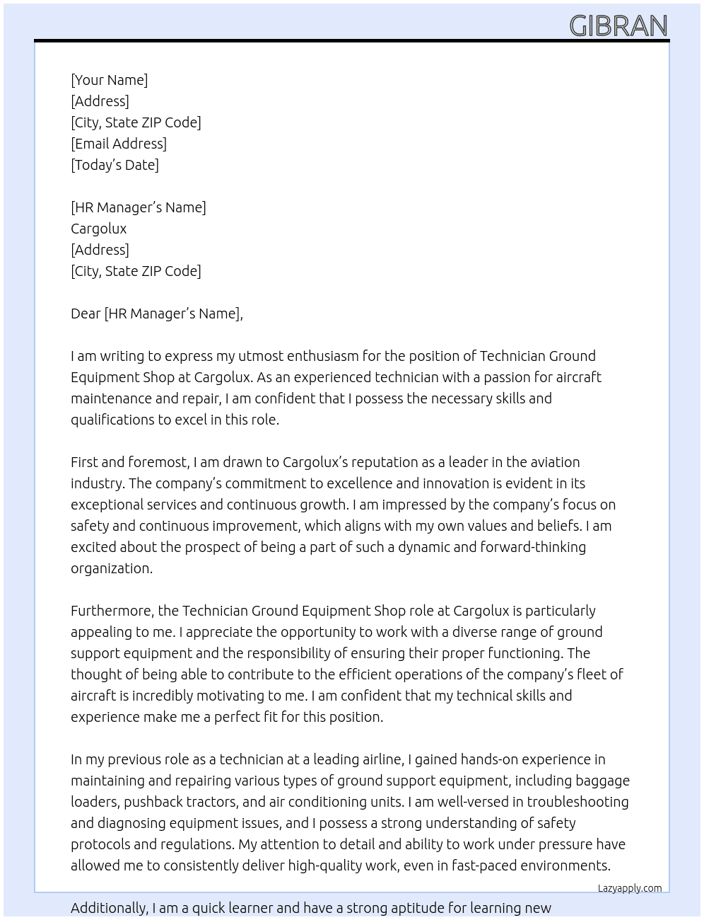 Technician Ground Equipment Shop At Cargolux Cover Letter