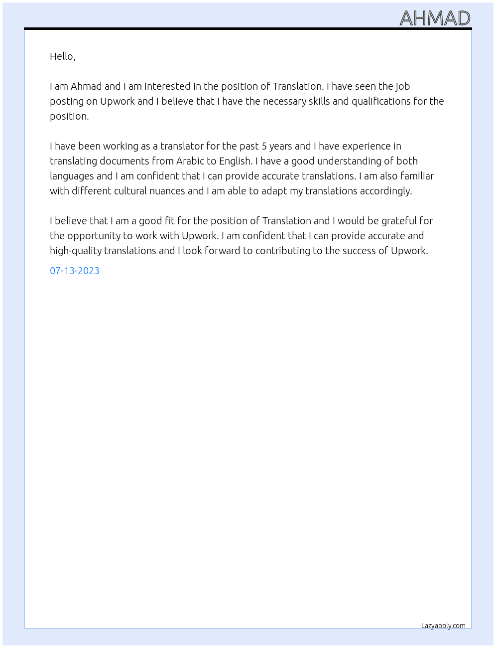 Translation At Upwork Cover Letter