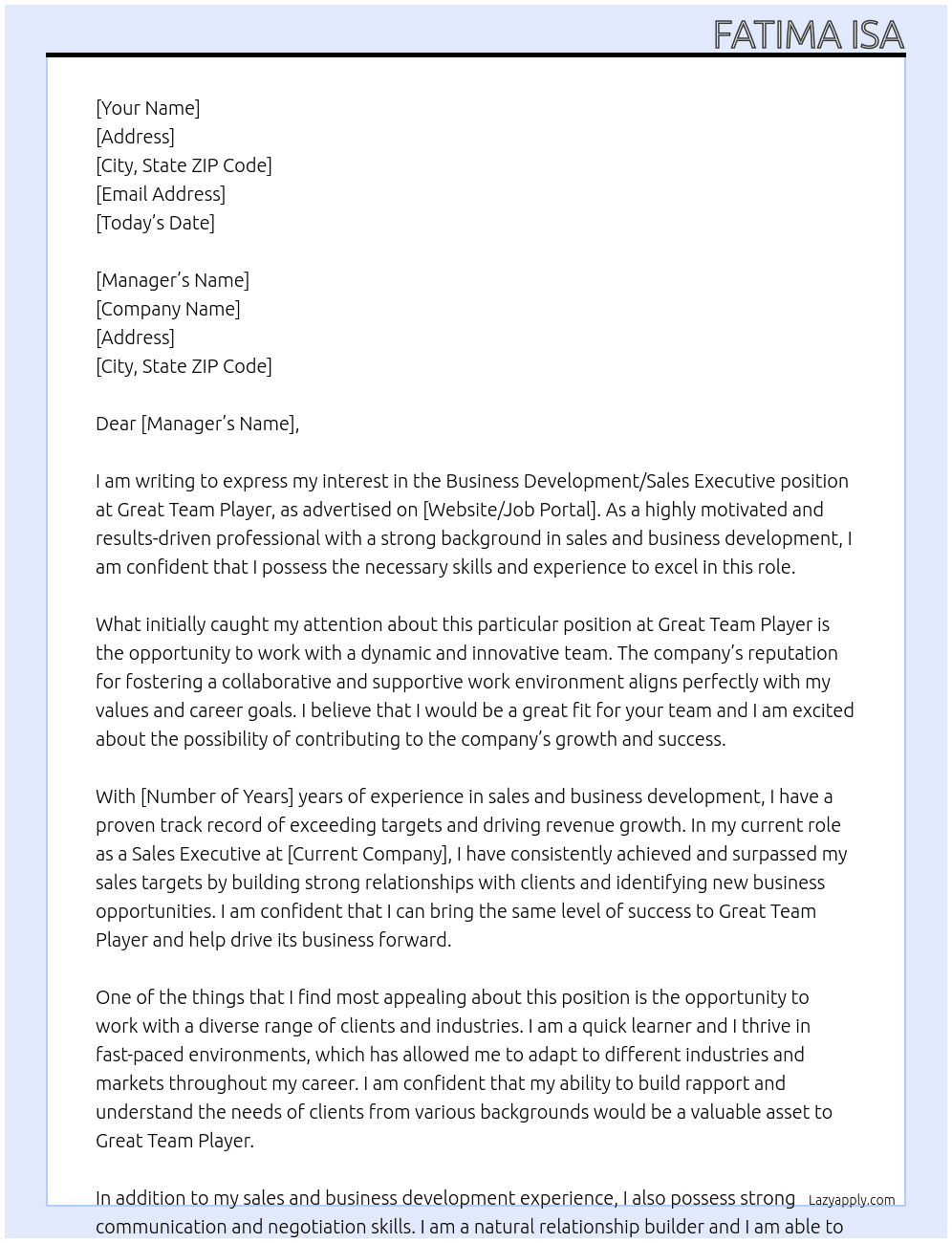 Business development/sales executive  At Great team player,  Cover Letter