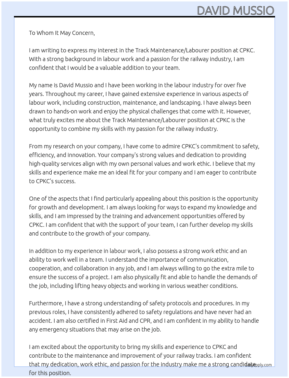 Track maintenance/labourer At CPKC Cover Letter