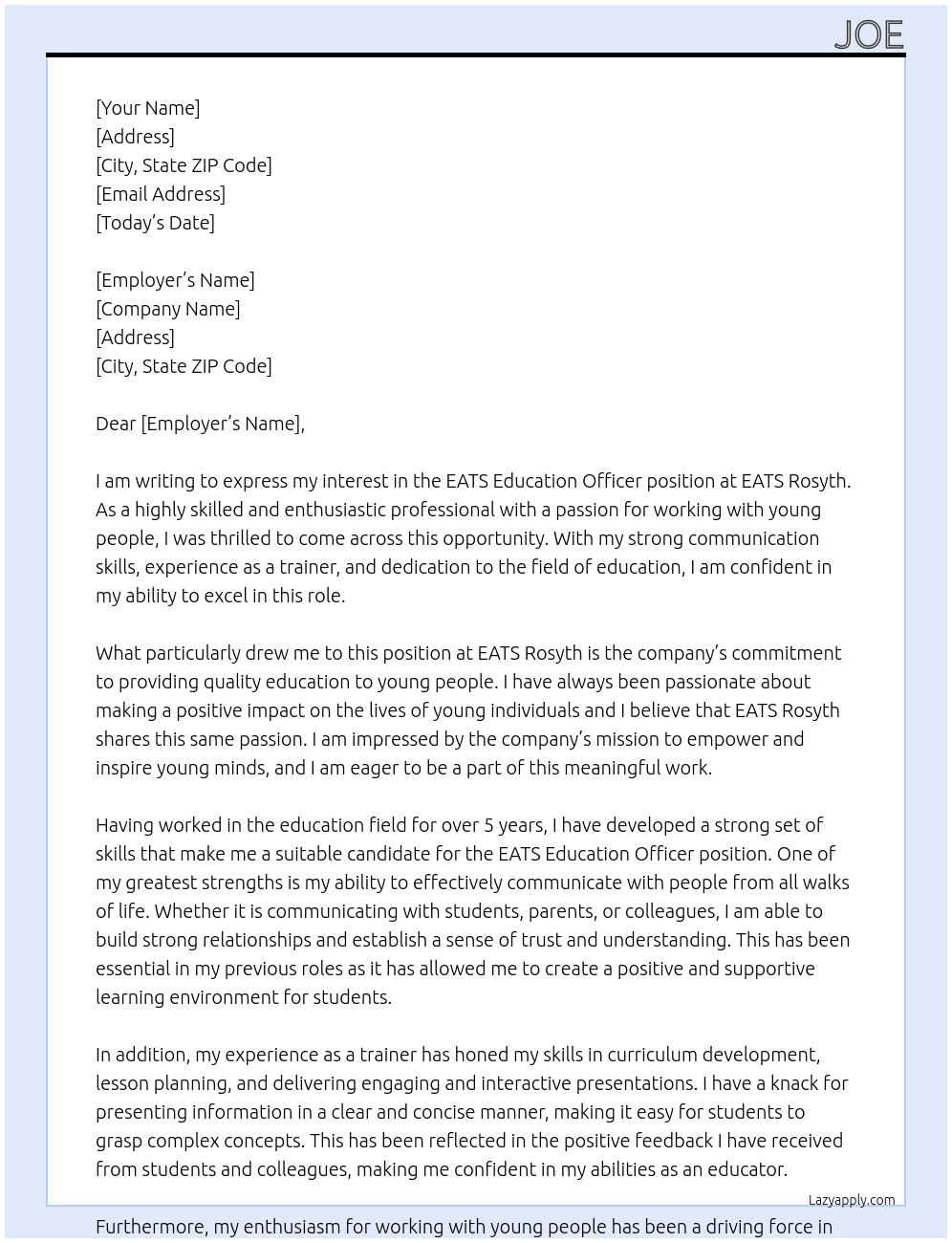 EATS Education Officer At EATS Rosyth Cover Letter