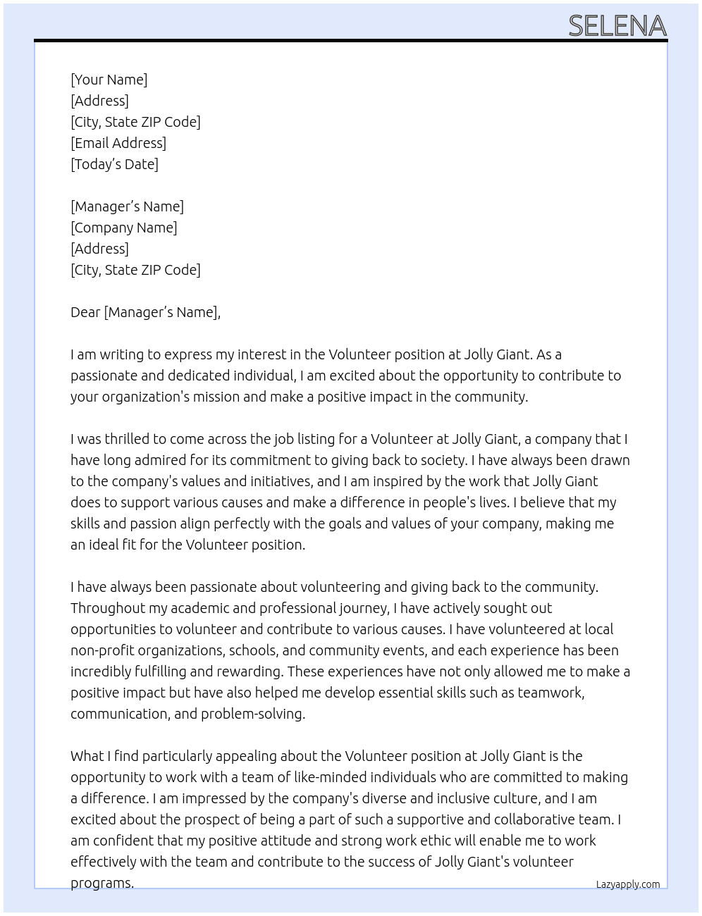 Volunteer At Jolly Giant Cover Letter