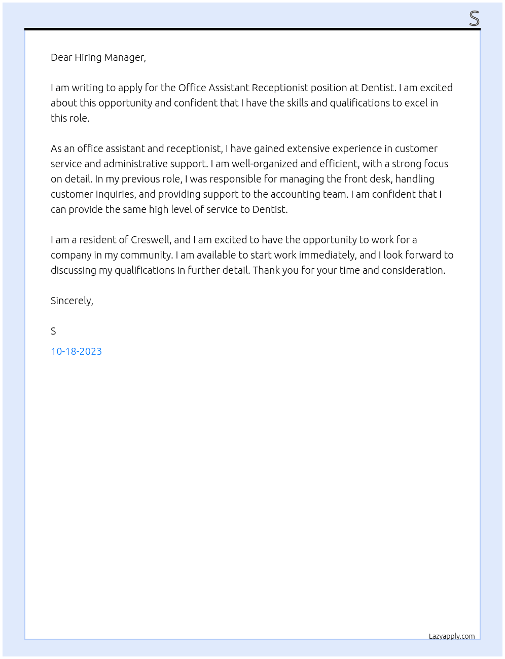 Office Assistant Receptionist  At Dentist Cover Letter