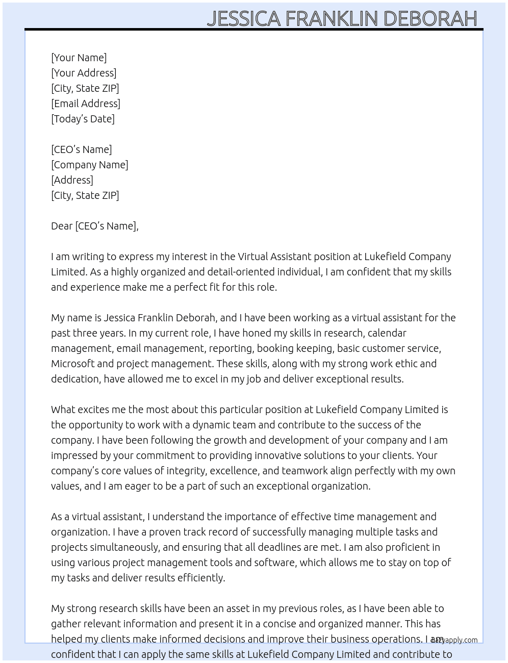 Virtual assistant  At Lukefield company limited  Cover Letter