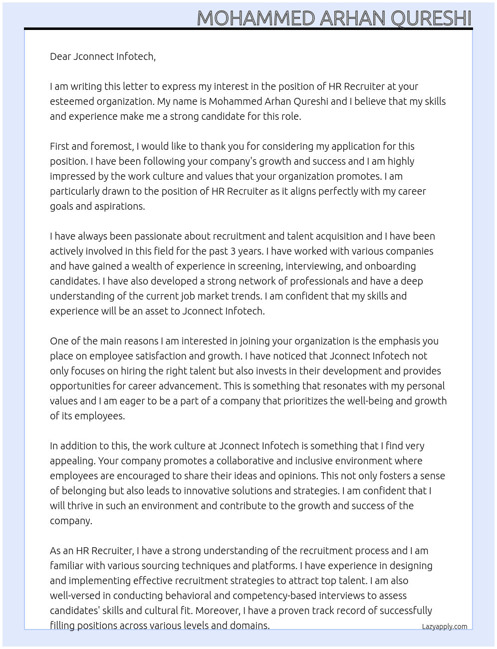 HR Recruiter  At Jconnect Infotech Cover Letter