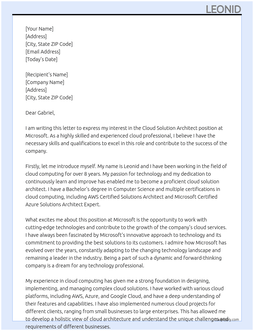 Cloud Solution Architect At Microsoft Cover Letter