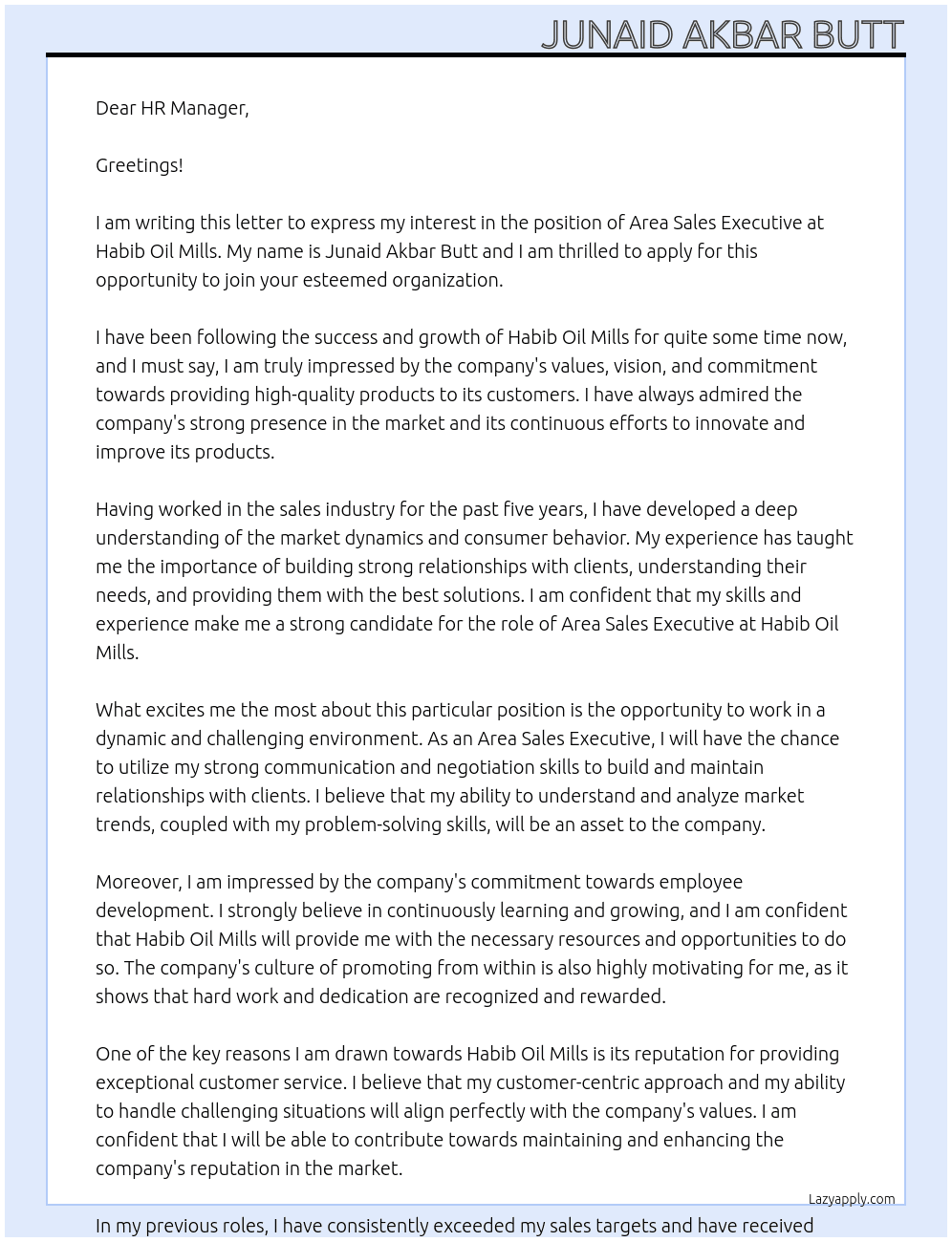 Area sales Exective At Habib oil mils Cover Letter