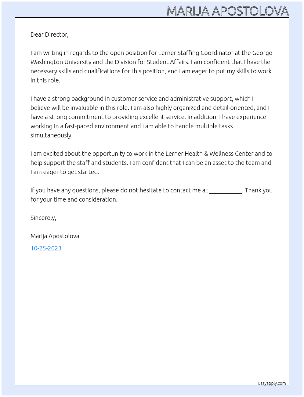 Lerner Staffing Coordinator At The George Washington University and the Division for Student Affairs  Cover Letter