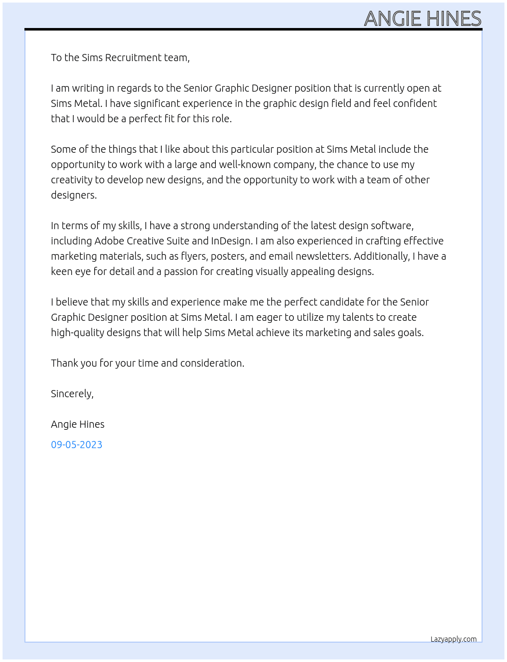 Senior Graphic Designer At Sims Metal Cover Letter
