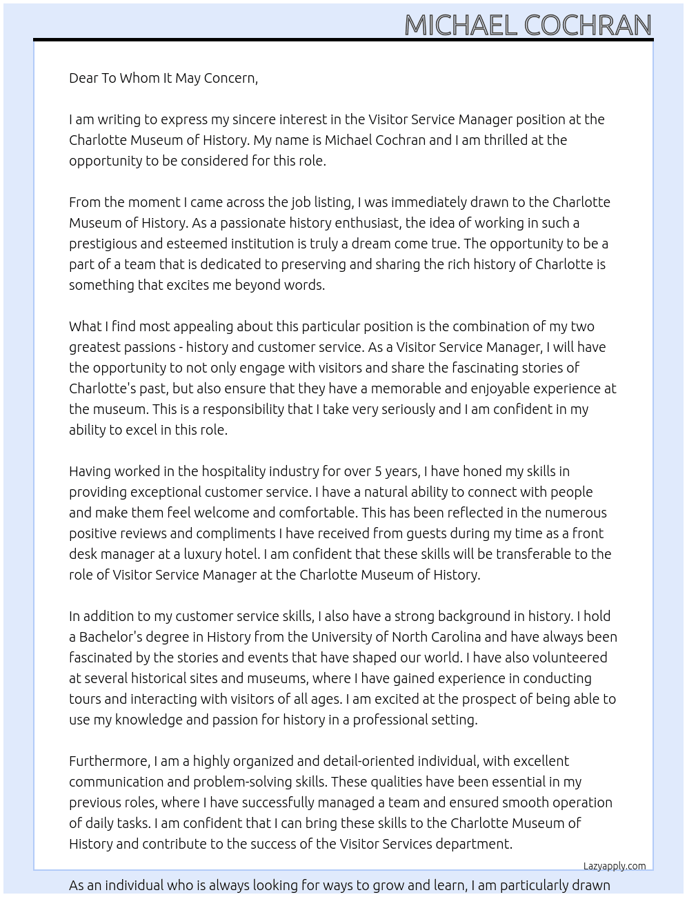 Visitor Service Manager At Charlotte Museum of History Cover Letter