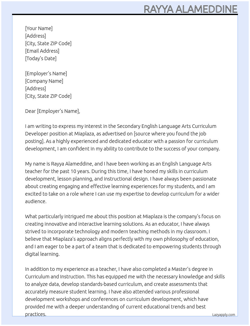 Secondary English Language Arts Curriculum Developer At Miaplaza Cover Letter