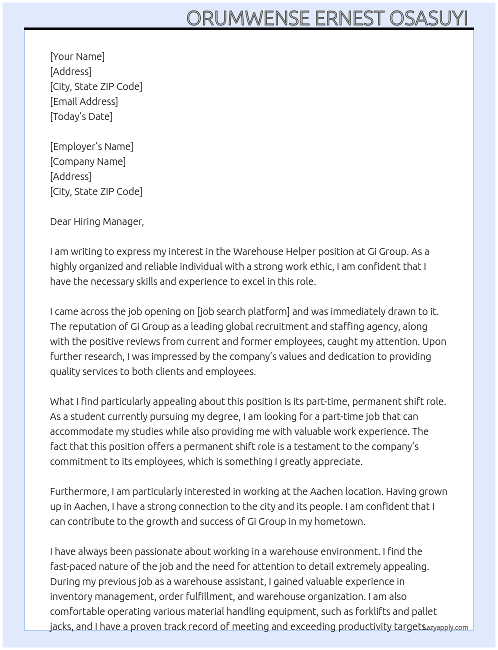 Warehouse helper  At Gi Group  Cover Letter