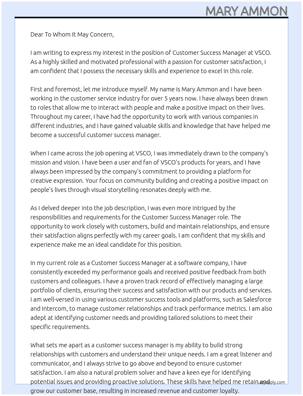 Customer Success Manager At VSCO Cover Letter