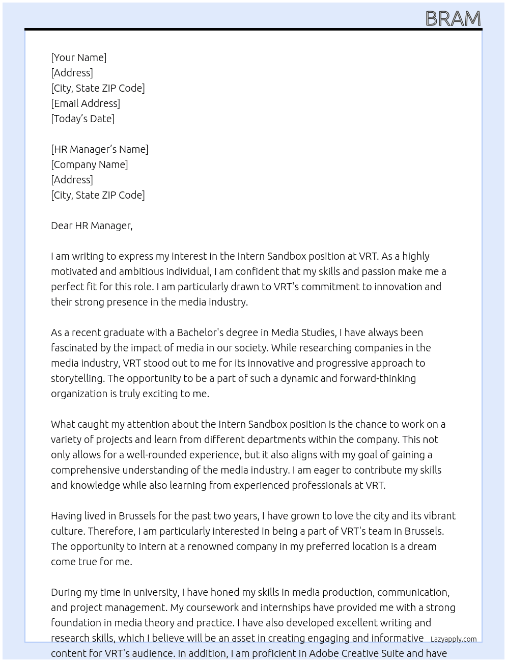 Intern Sandbox At VRT Cover Letter