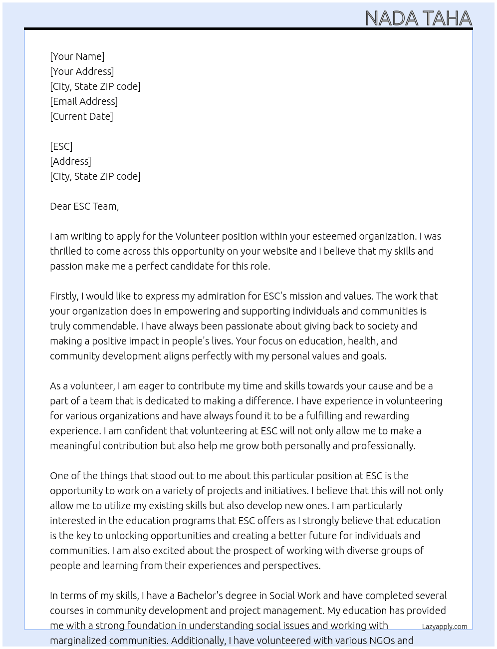 Volunteer  At ESC Cover Letter