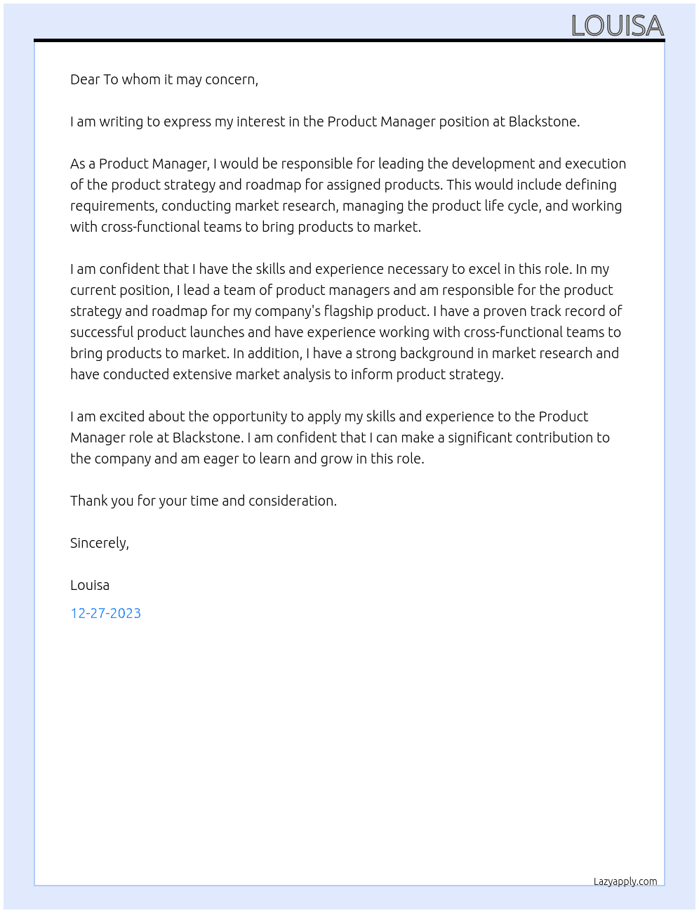 Product Manager At Blackstone Cover Letter