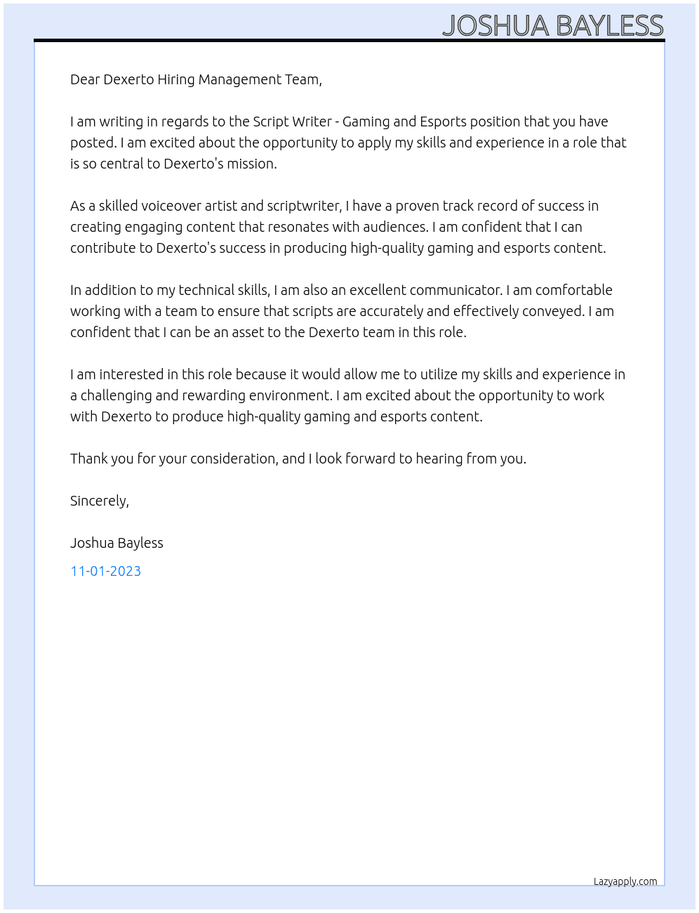 Script Writer - Gaming and Esports At Dexerto Cover Letter
