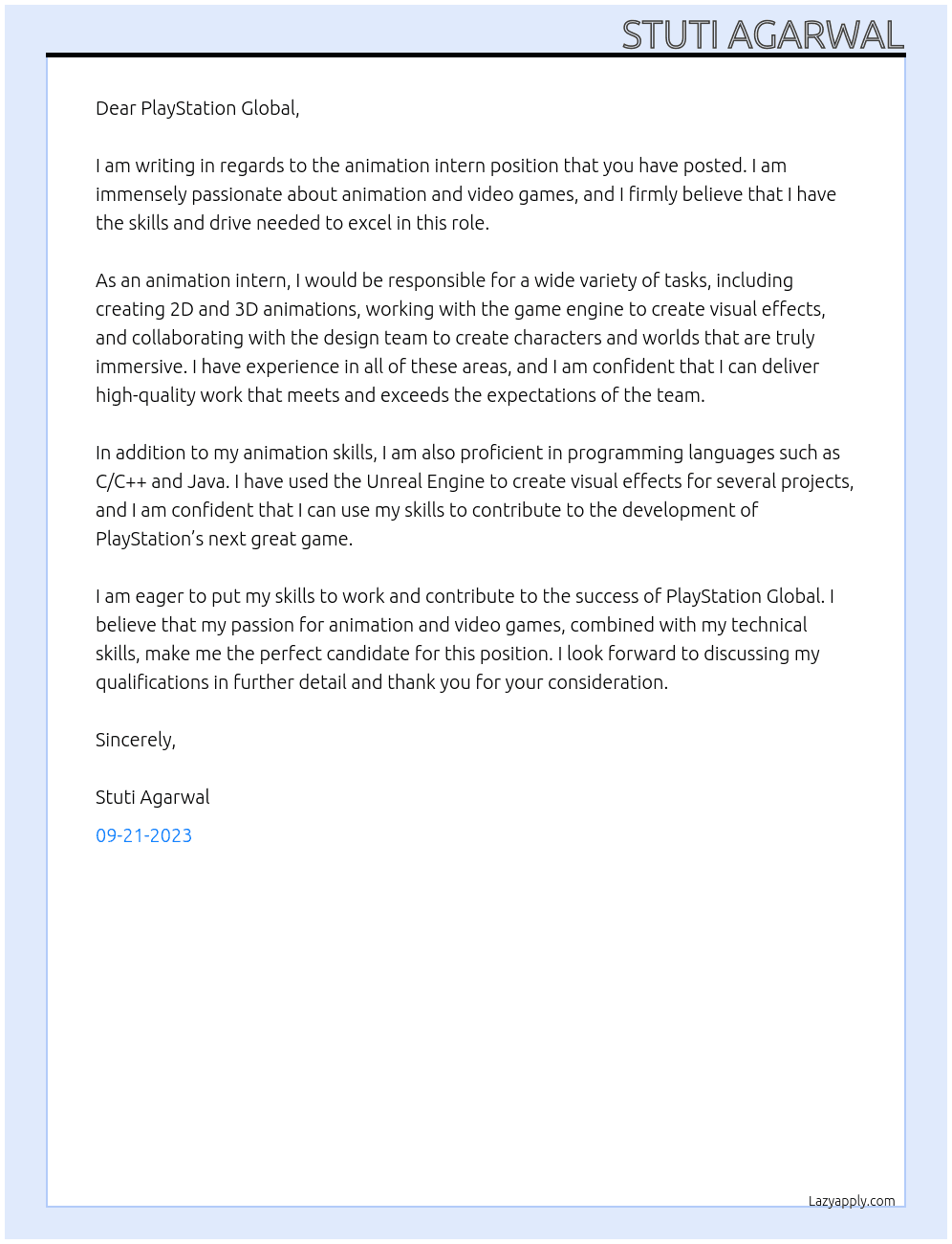 animation intern At PlayStation Global Cover Letter