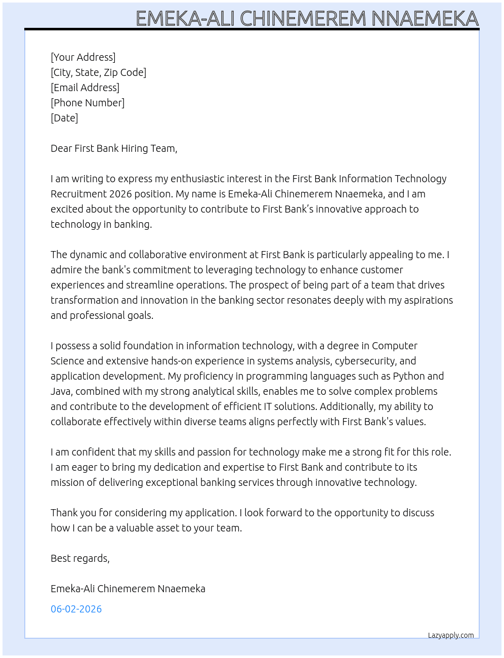 First Bank Information Technology Recruitment 2026 At First bank Cover Letter