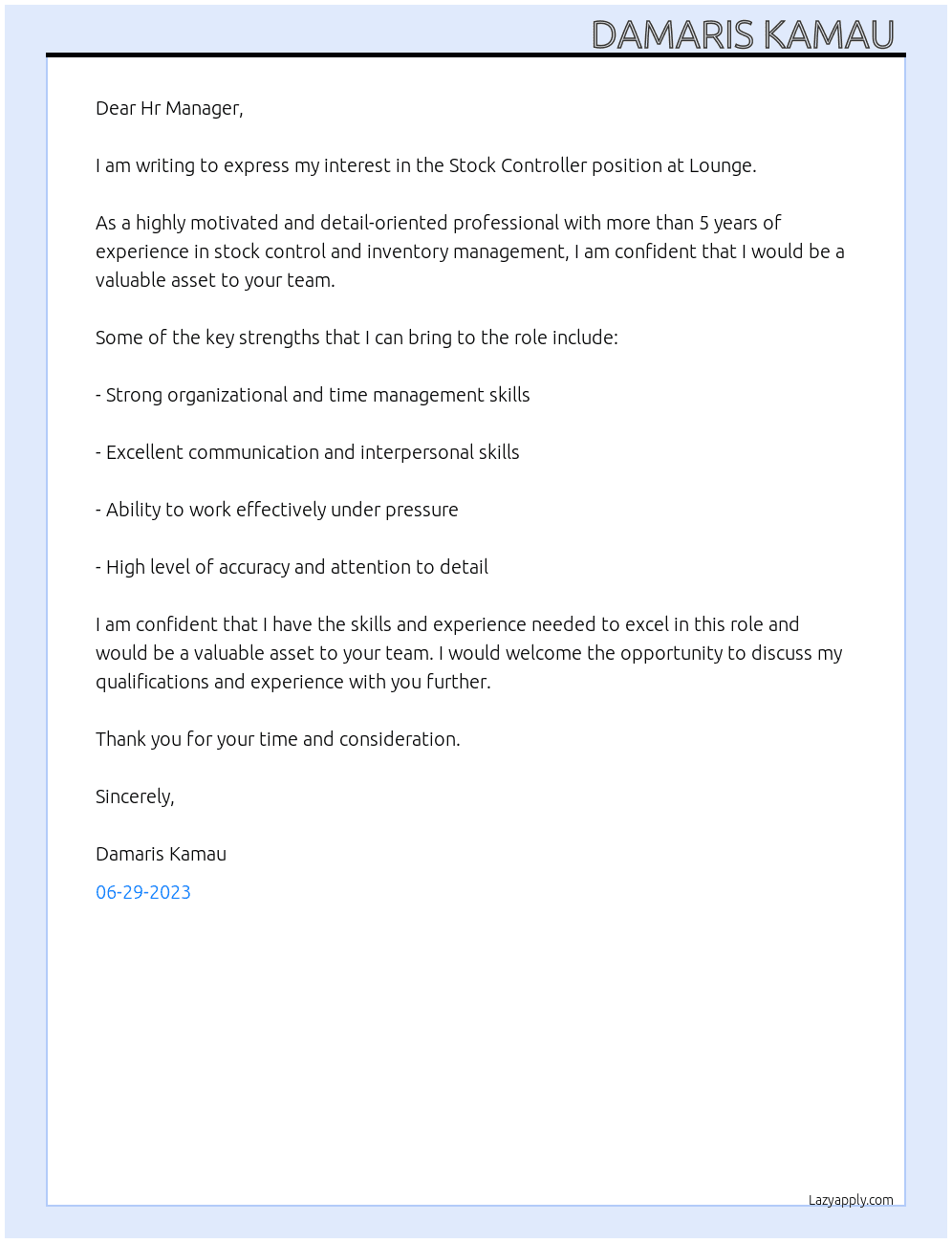 Stock Controller  At Lounge Cover Letter