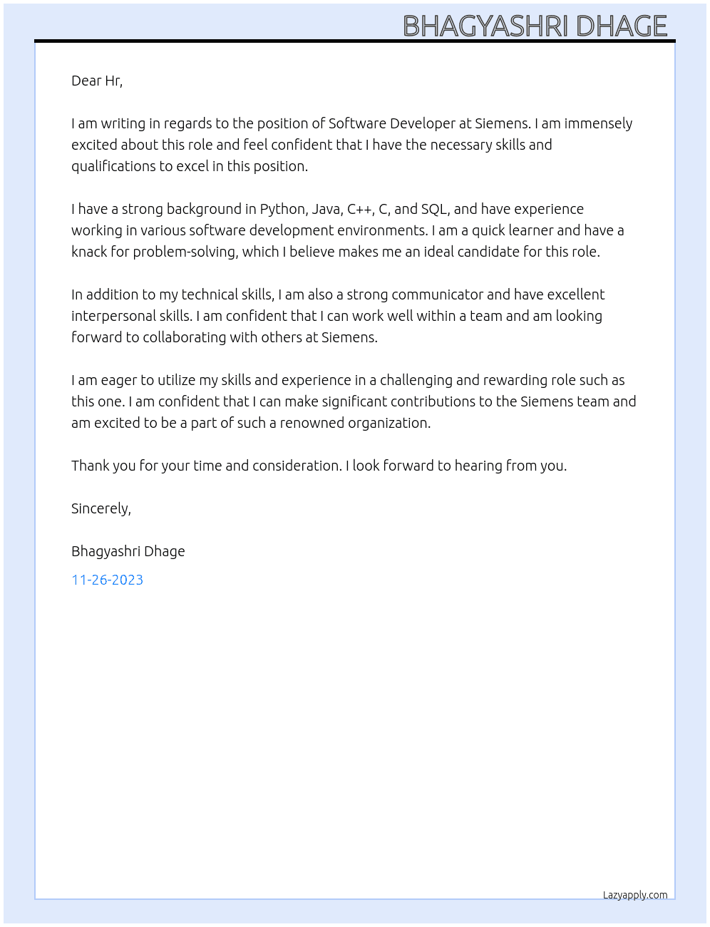 Software Developer  At Siemens Talent Acquisition  Cover Letter