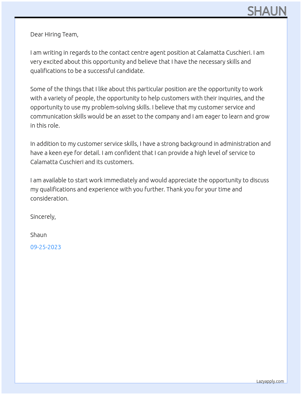 Contact centre agent At calamatta cuschieri Cover Letter