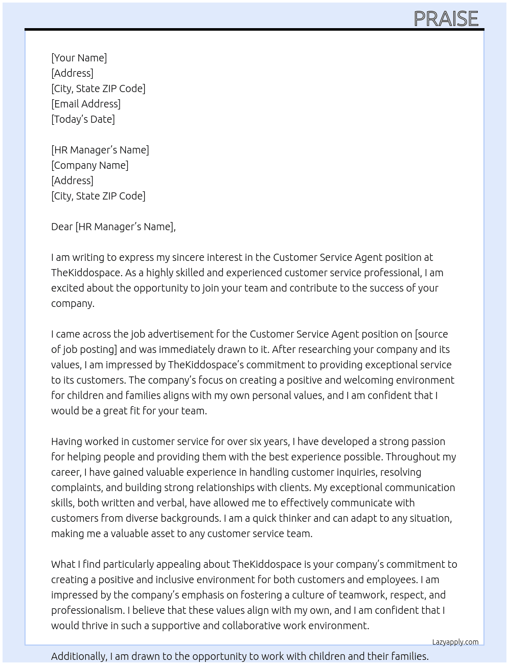 Customer service agent  At TheKiddospace Cover Letter