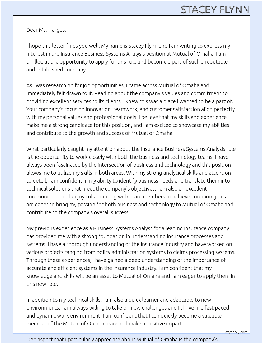 Insurance Business Systems Analysis At Mutual of Omaha Cover Letter