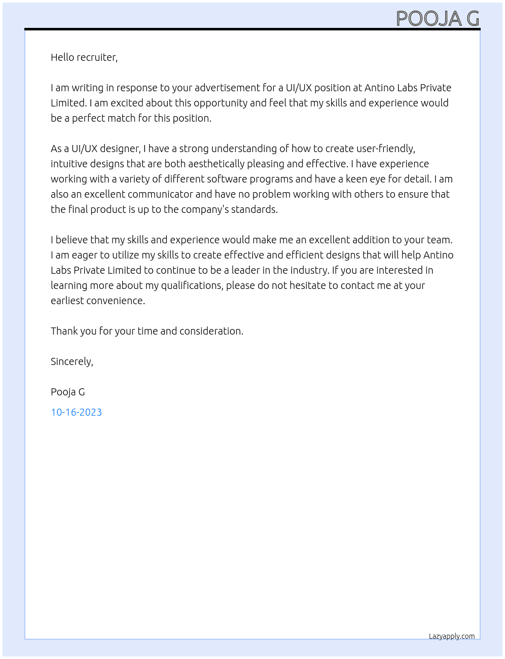 ui/ux At Antino Labs Private Limited Cover Letter