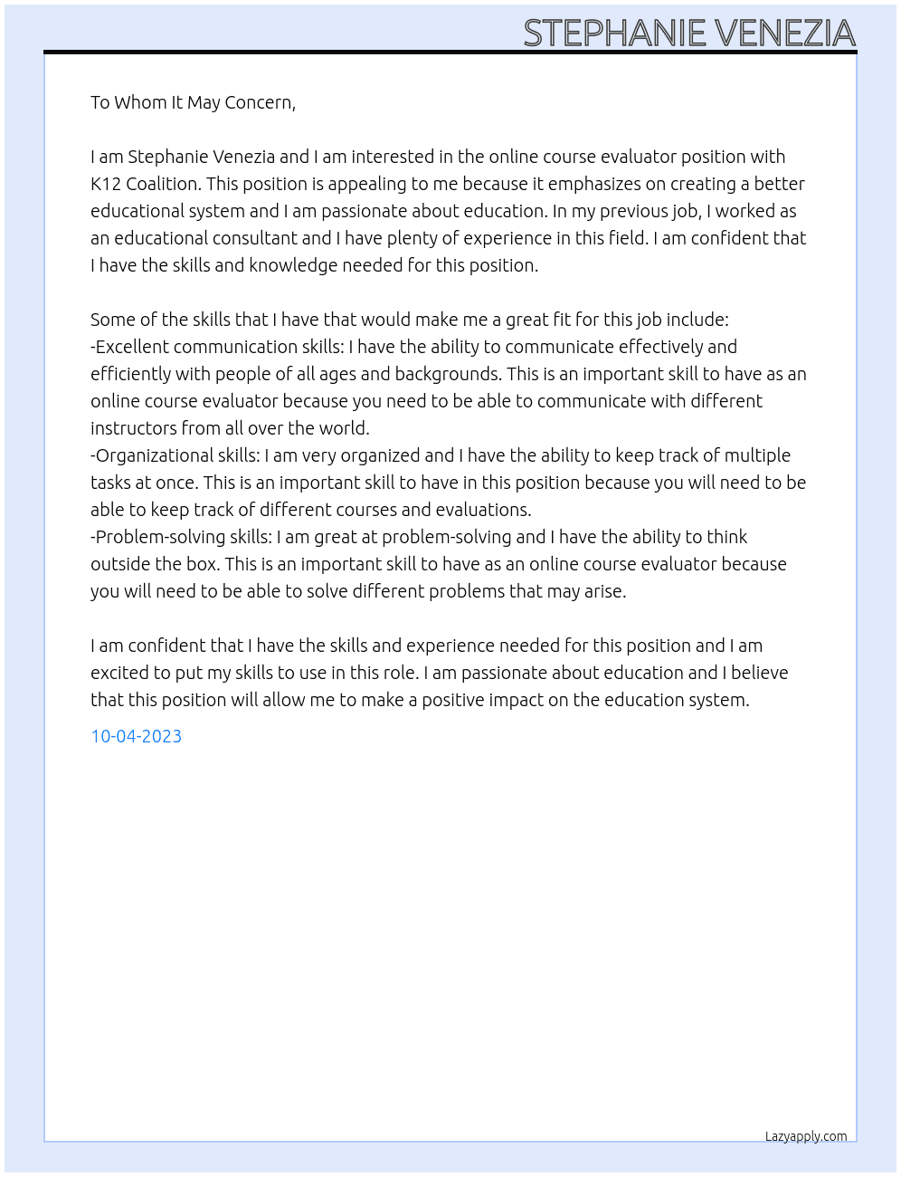 Online course evaluator At K12 Coalition Cover Letter