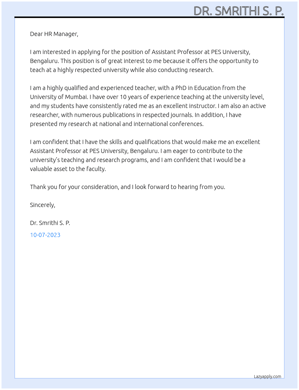 Assistant Professor At PES University, Bengaluru Cover Letter