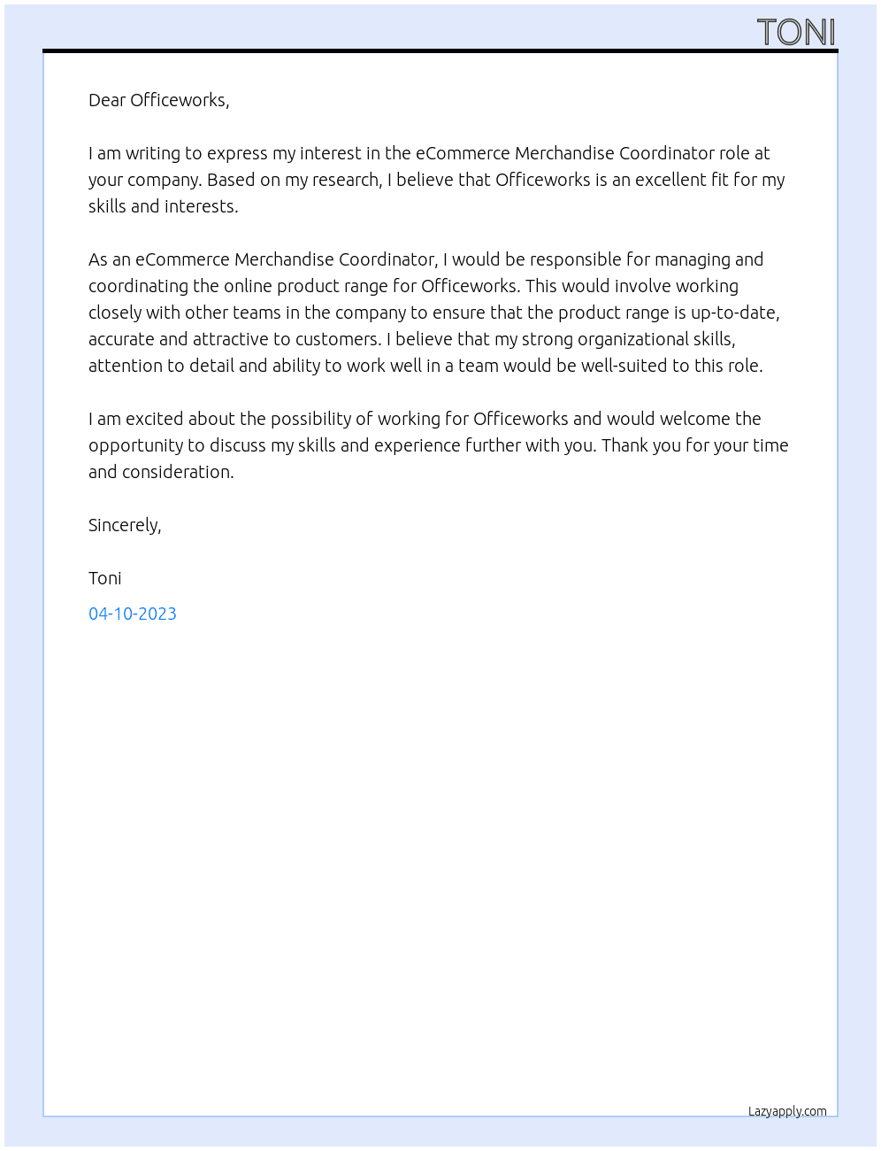 eCommerce Merchandise Coordinator At Officeworks Cover Letter