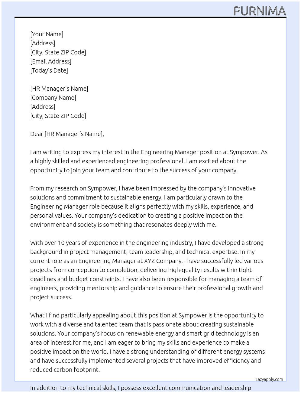 Engineering manager At Sympower Cover Letter