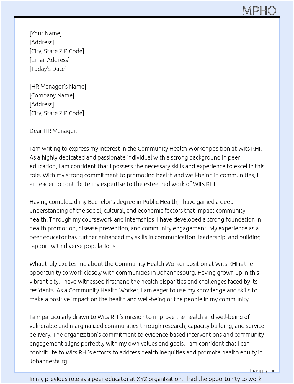 Community Health Worker  At Wits RHI  Cover Letter