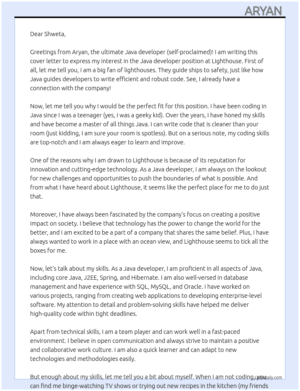 Java developer  At Lighthouse  Cover Letter