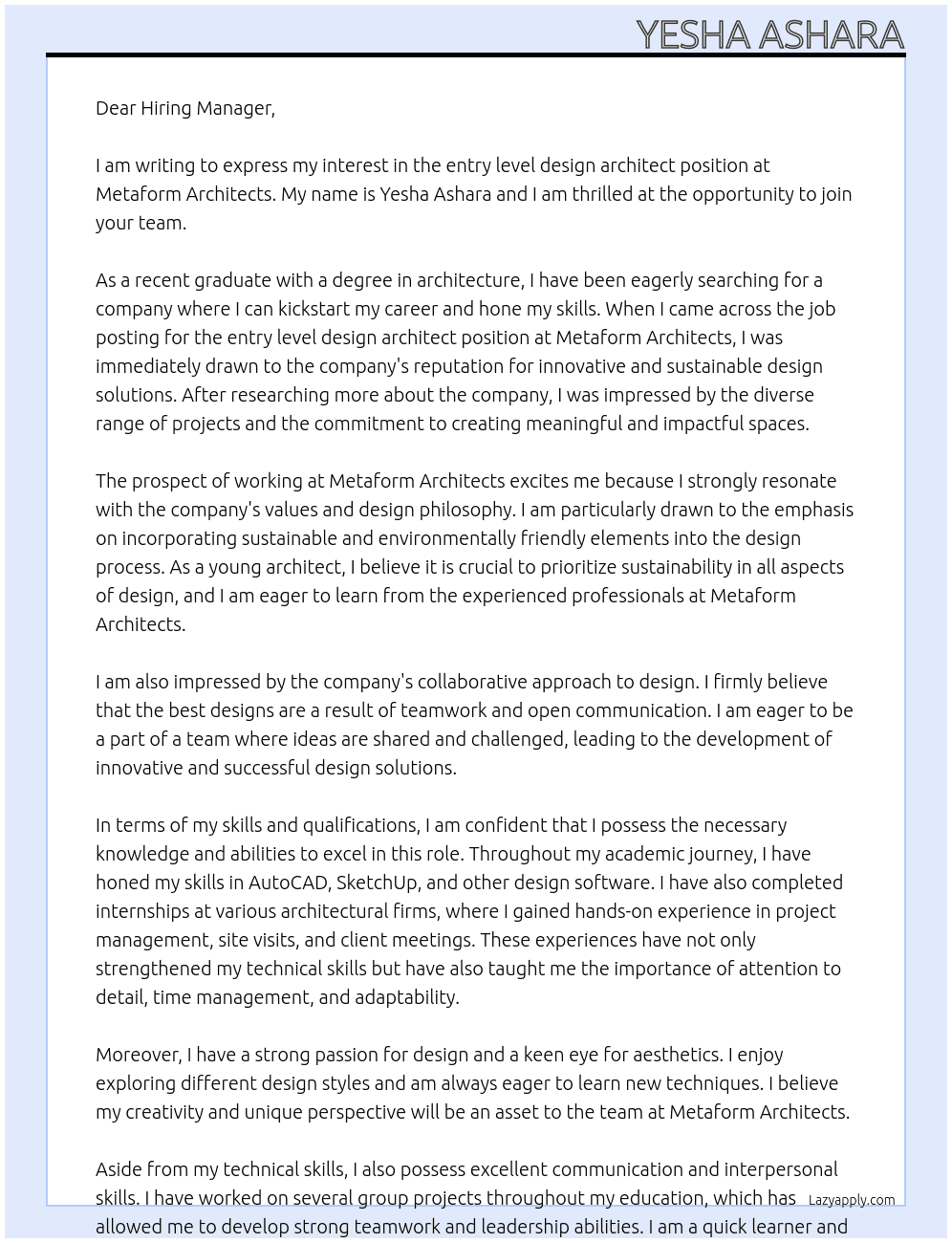 entry level design architect At Metaform Architects Cover Letter