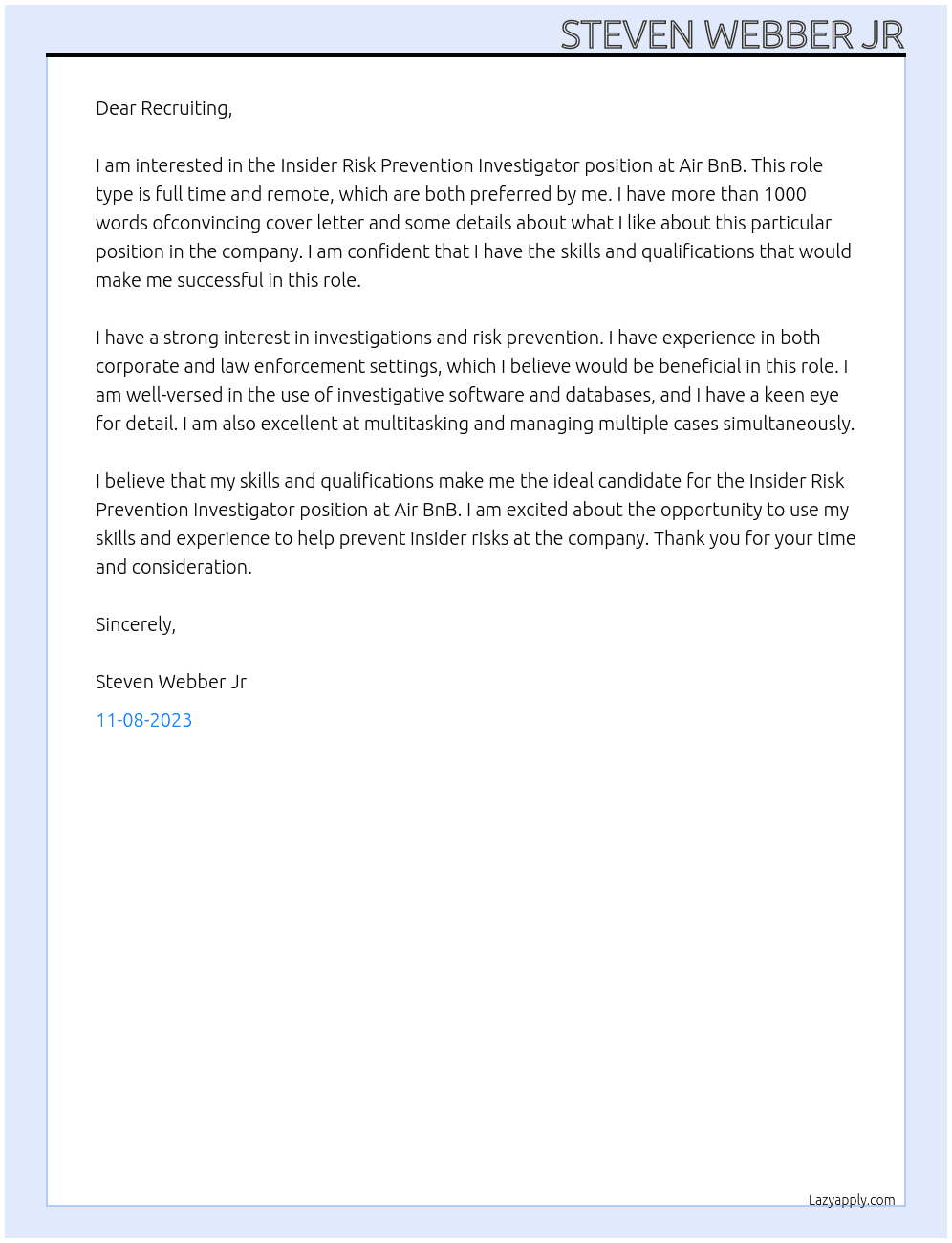 Insider Risk Prevention Investigator At Air BnB Cover Letter