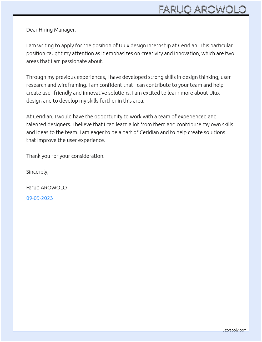 Uiux design internship  At Ceridian  Cover Letter