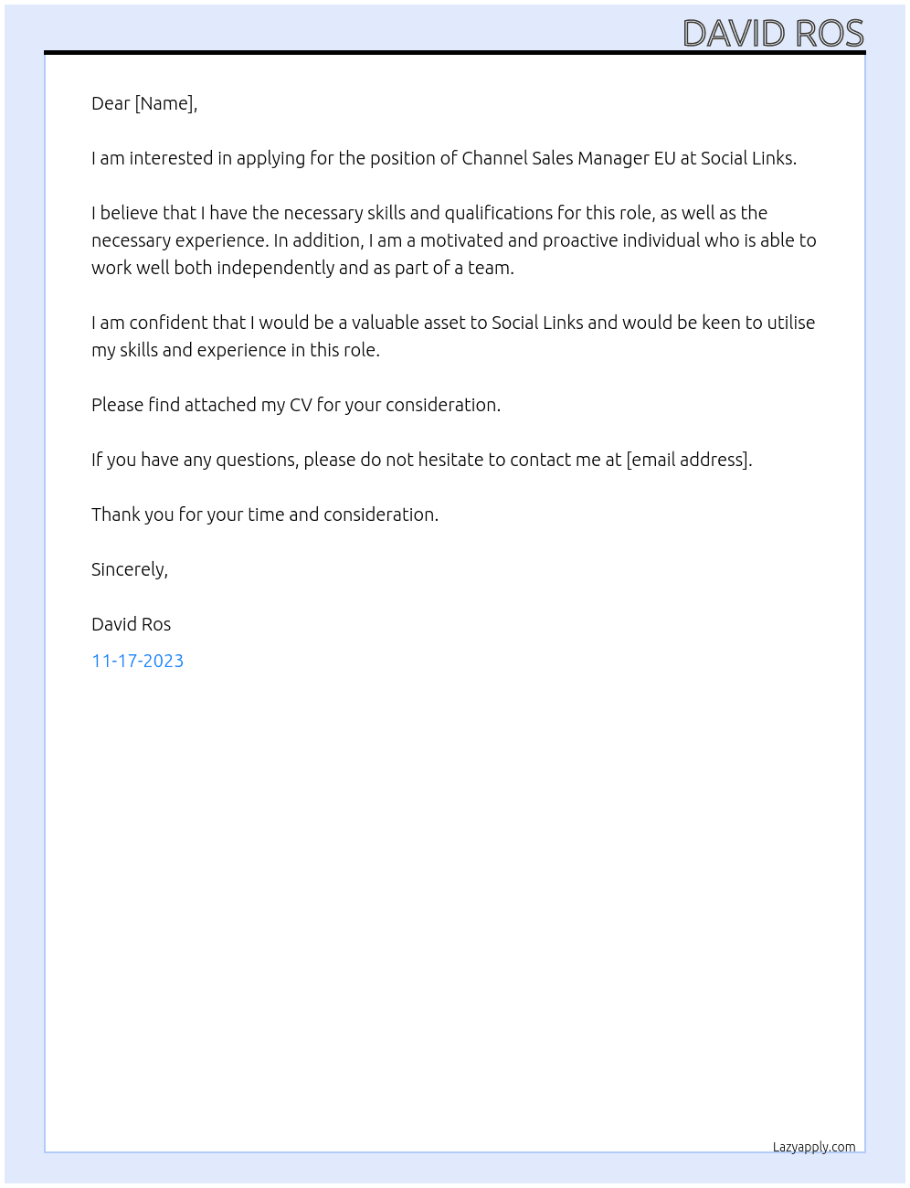 Channel Sales Manager EU At Social Links Cover Letter
