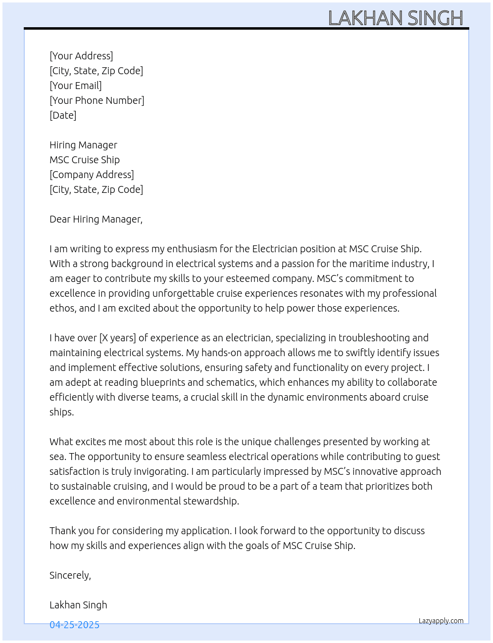 Electrician At MSC cruise ship Cover Letter