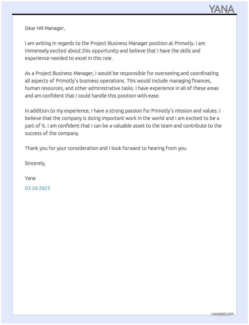Project Business Manager  At Primotly Cover Letter