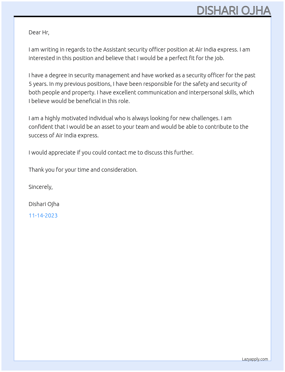 Assistant security officer At Air India express Cover Letter