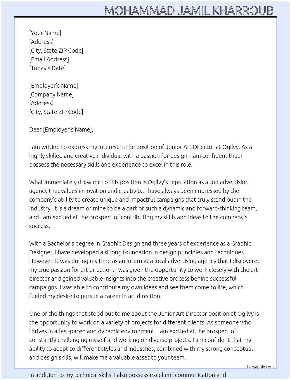 Junior Art Director  At Ogilvy Cover Letter