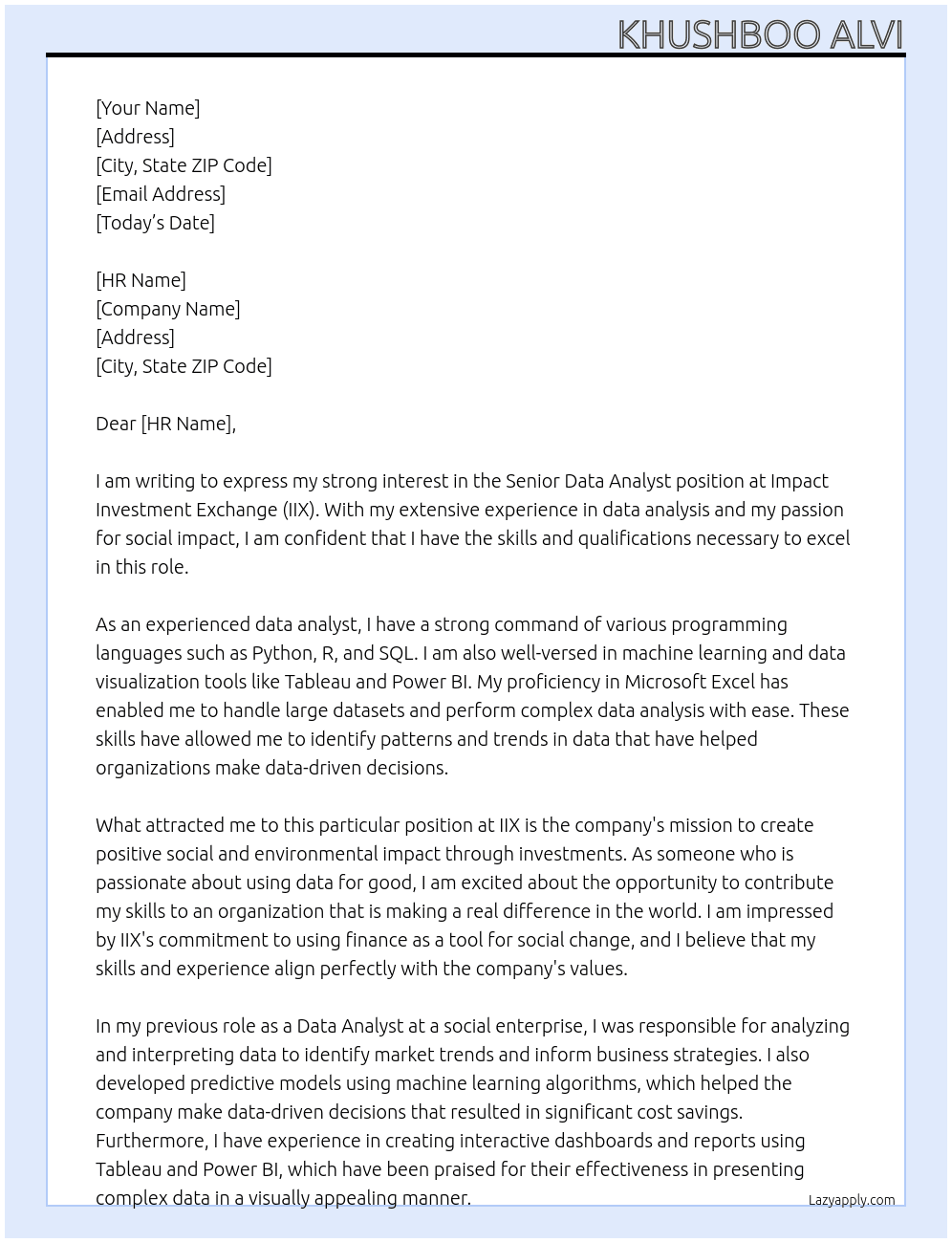 Senior Data Analyst At Impact Investment Exchange (IIX) Cover Letter