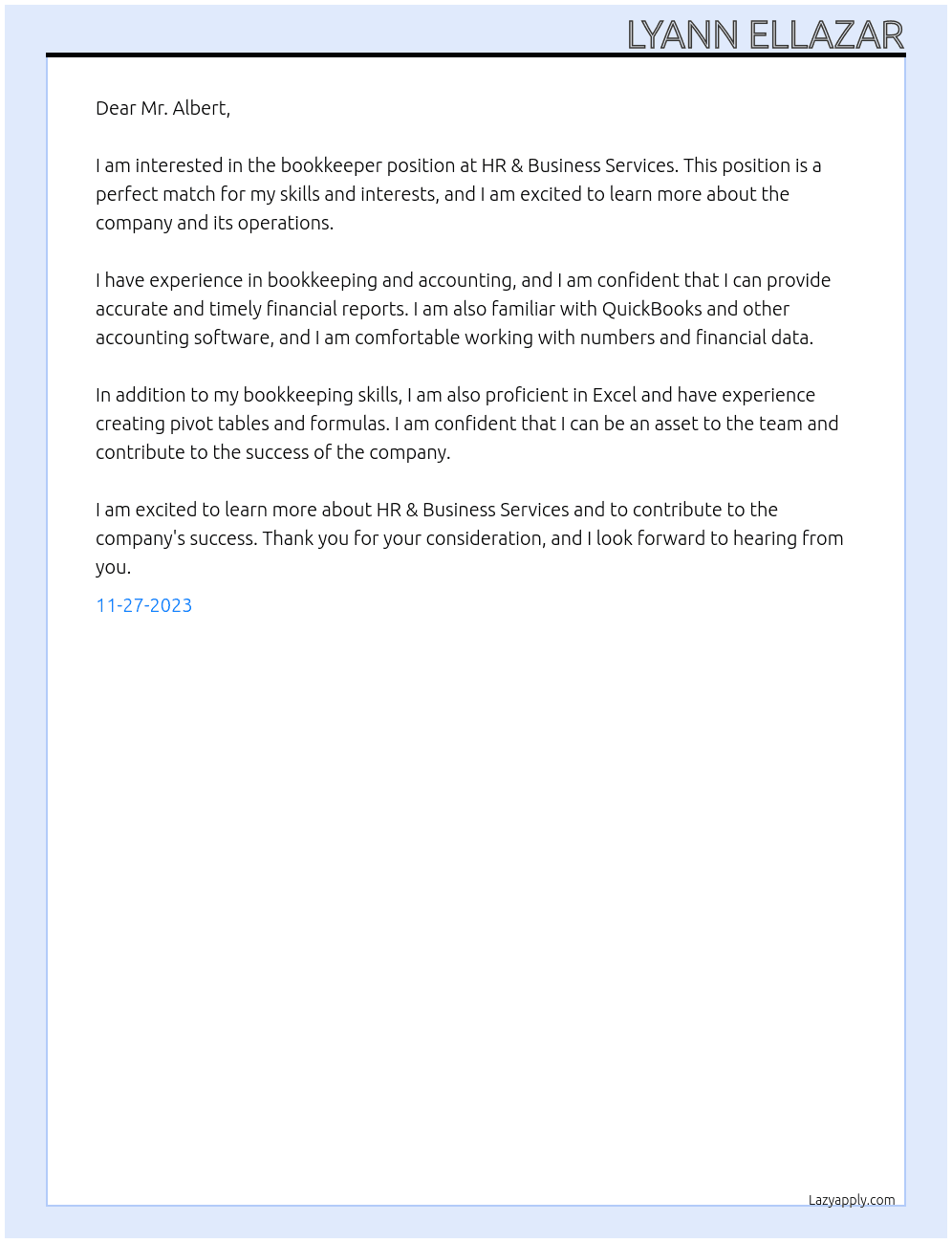 Bookkeeper At HR & Business Services Cover Letter